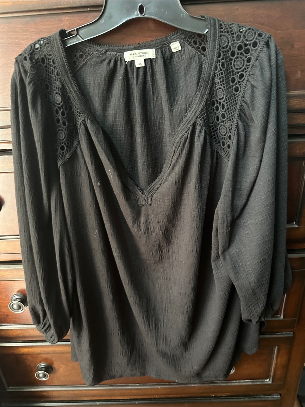 Max Studio Black Crochet-Trim V-Neck Peasant Blouse